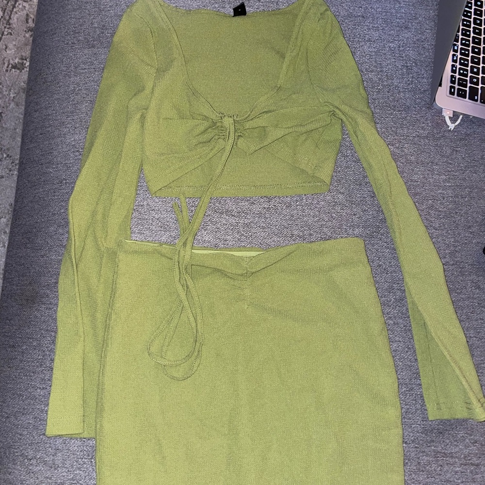 Olive Green Matching Mini Skirt & Tie Top Set